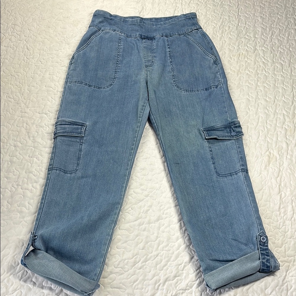 Blair Blue Boyfriend Cargo Jeans Rolled Hem and Distressed Look size 10